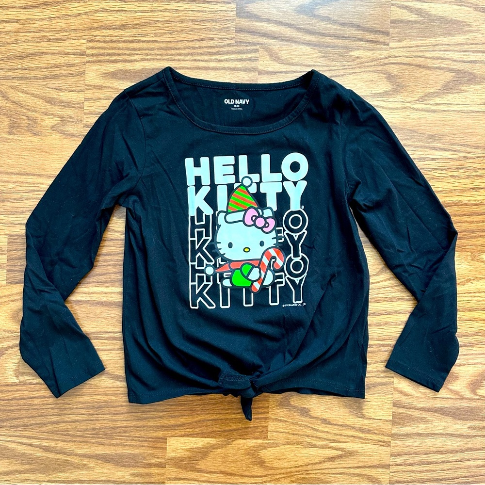 Old Navy Hello Kitty Girls M 8 Christmas Holiday Long Sleeve Shirt Black Tie EUC